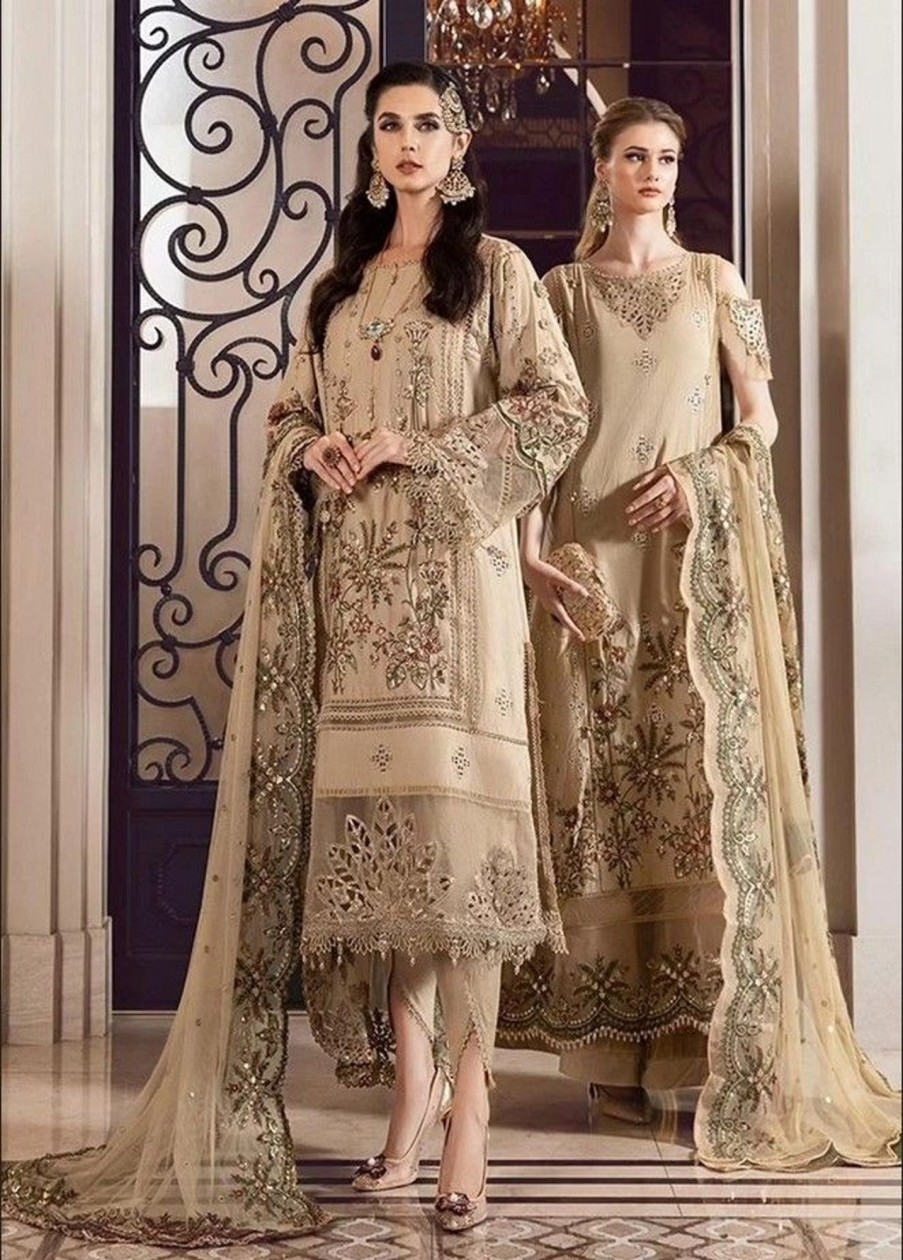 Salwar Kameez Maria.B | Beige Embroidered Pakistani Pant Suit/ Palazzo Suit