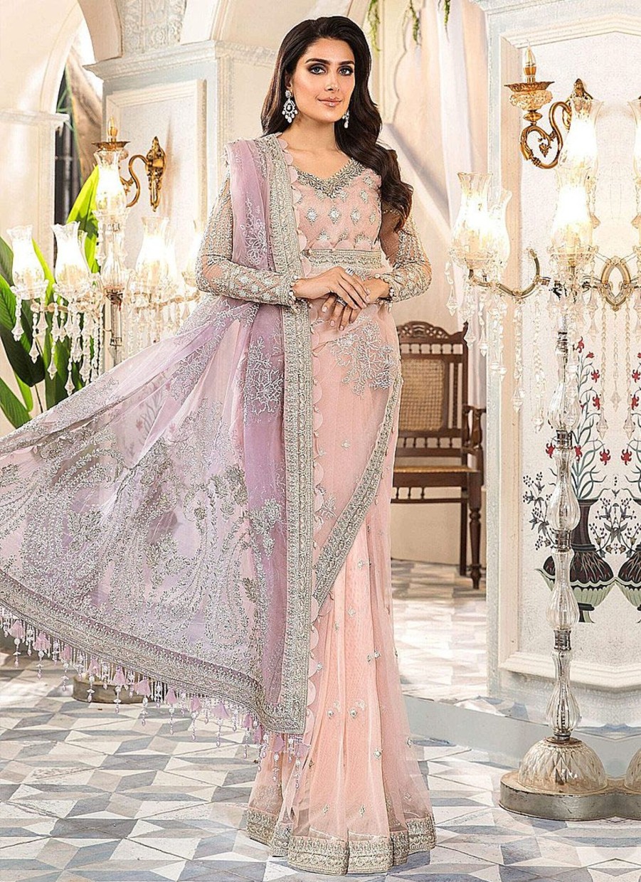 Sarees Maria.B | Rose Pink And Lilac Embroidered Pakistani Saree