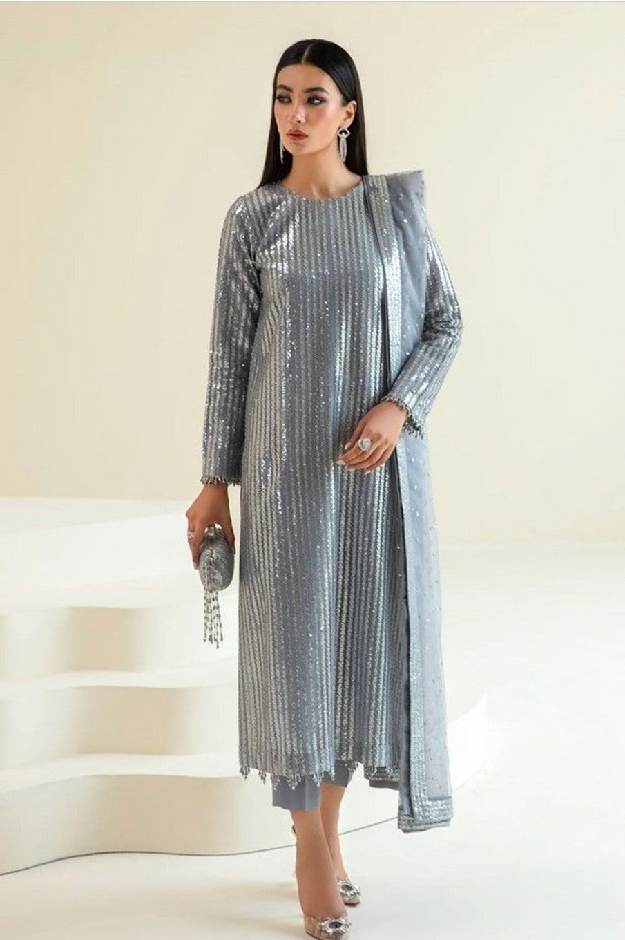 Salwar Kameez Baroque | Grey Embroidered Pakistani Salwar Kameez