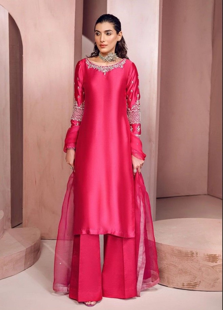 Salwar Kameez Mahum Asad | Blush Berry Embroidered Pakistani Palazzo Suit