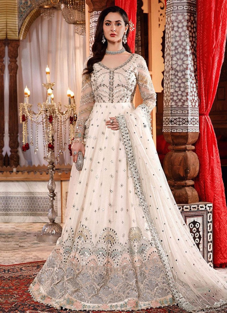 Salwar Kameez Maria.B | Pearl White And Peachy Silver Embroidered Pakistani Anarkali