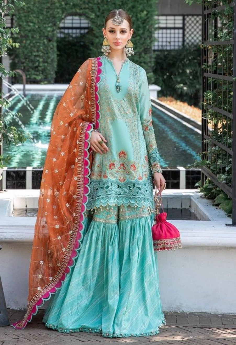 Salwar Kameez Maria.B | Sea Green Embroidered Pakistani Gharara Suit