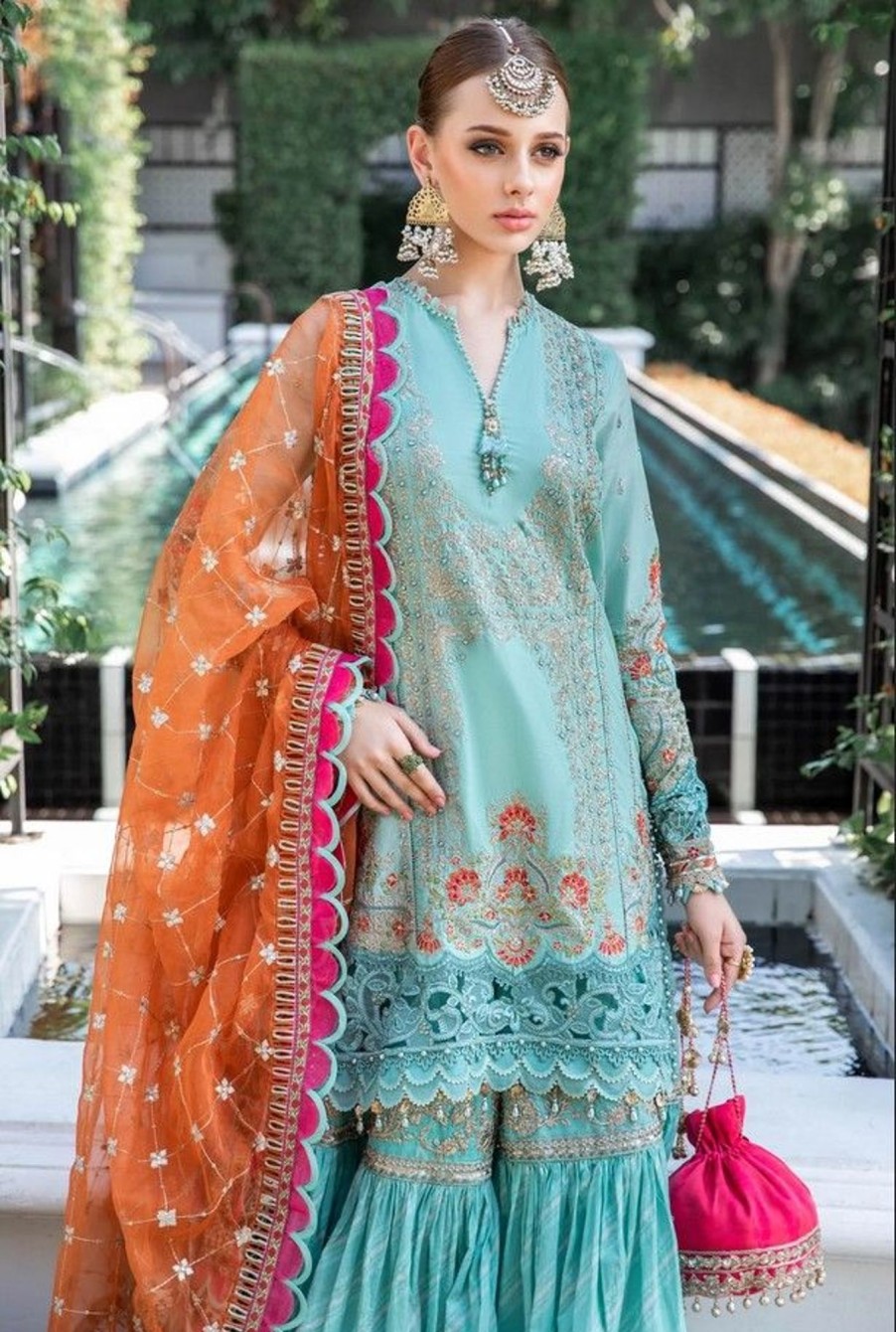 Salwar Kameez Maria.B | Sea Green Embroidered Pakistani Gharara Suit