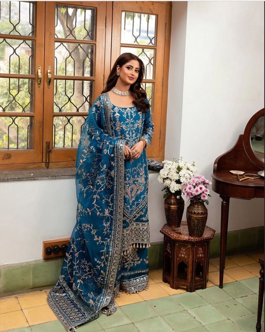 Salwar Kameez Faiza Saqlain | Ariya Embroidered Pakistani Palazzo Suit