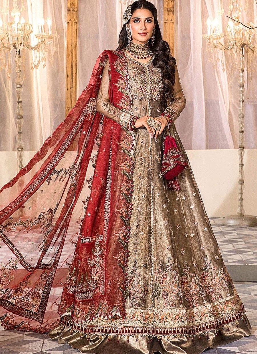 Salwar Kameez Maria.B | Burnt Gold And Maroon Embroidered Pakistani Anarkali Lehenga