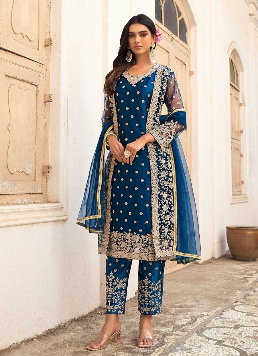 Salwar Kameez Sabah Khwaab | Blue And Gold Embroidered Jacket Style Suit