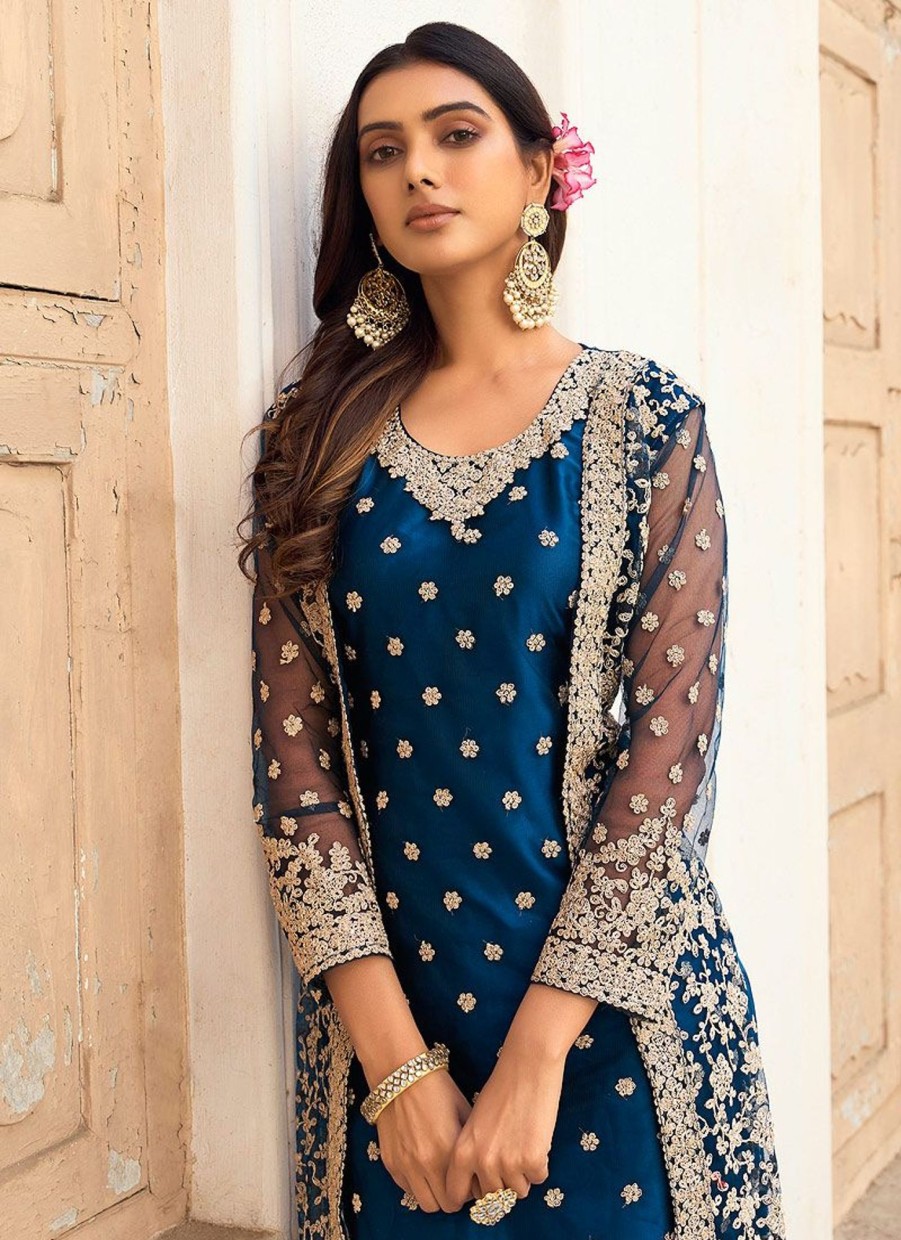 Salwar Kameez Sabah Khwaab | Blue And Gold Embroidered Jacket Style Suit