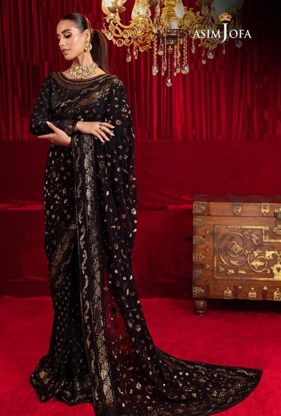 Sarees Asim Jofa | Luxury Chiffon Embroidered Pakistani Saree