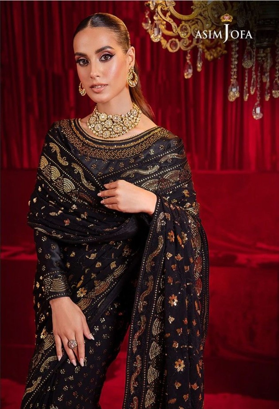 Sarees Asim Jofa | Luxury Chiffon Embroidered Pakistani Saree