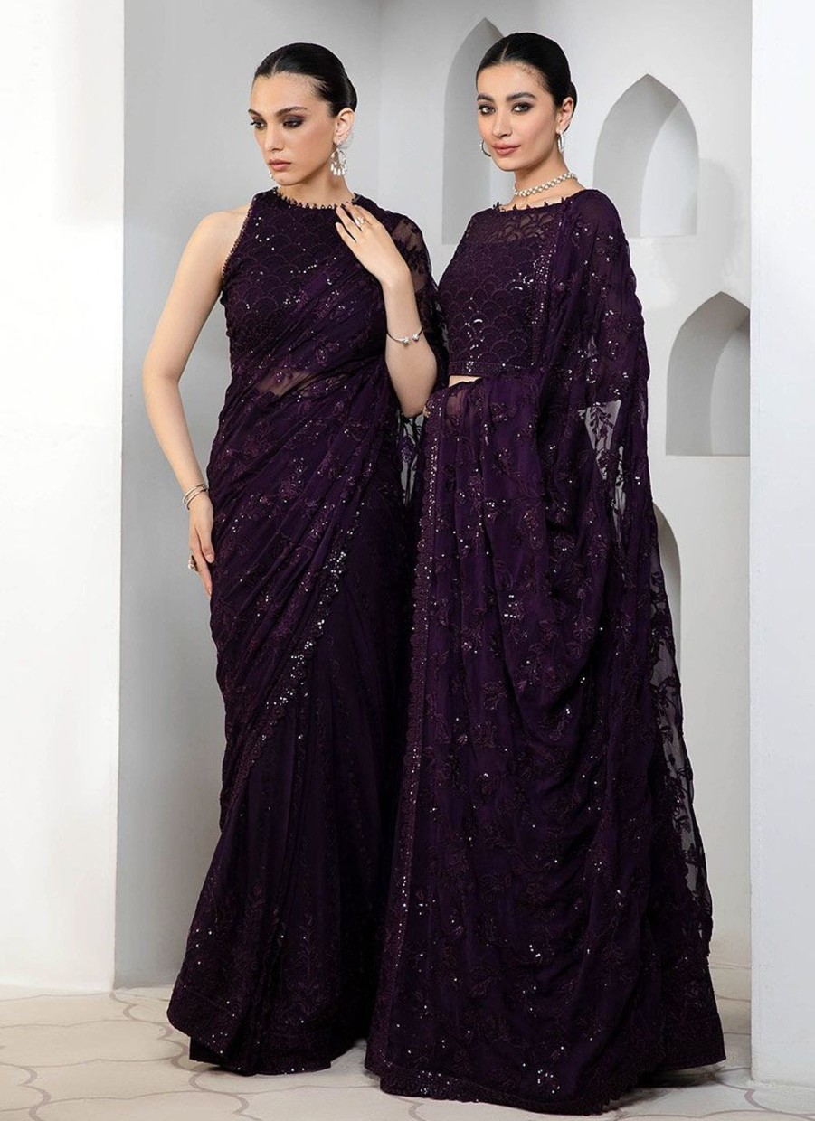 Lehengas Zarif | Dark Orchid Embroidered Pakistani Saree/ Lehenga