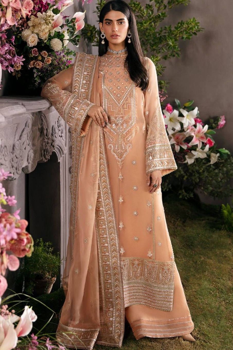 Salwar Kameez Afrozeh | Sunset Blush Embroidered Pakistani Palazzo Suit