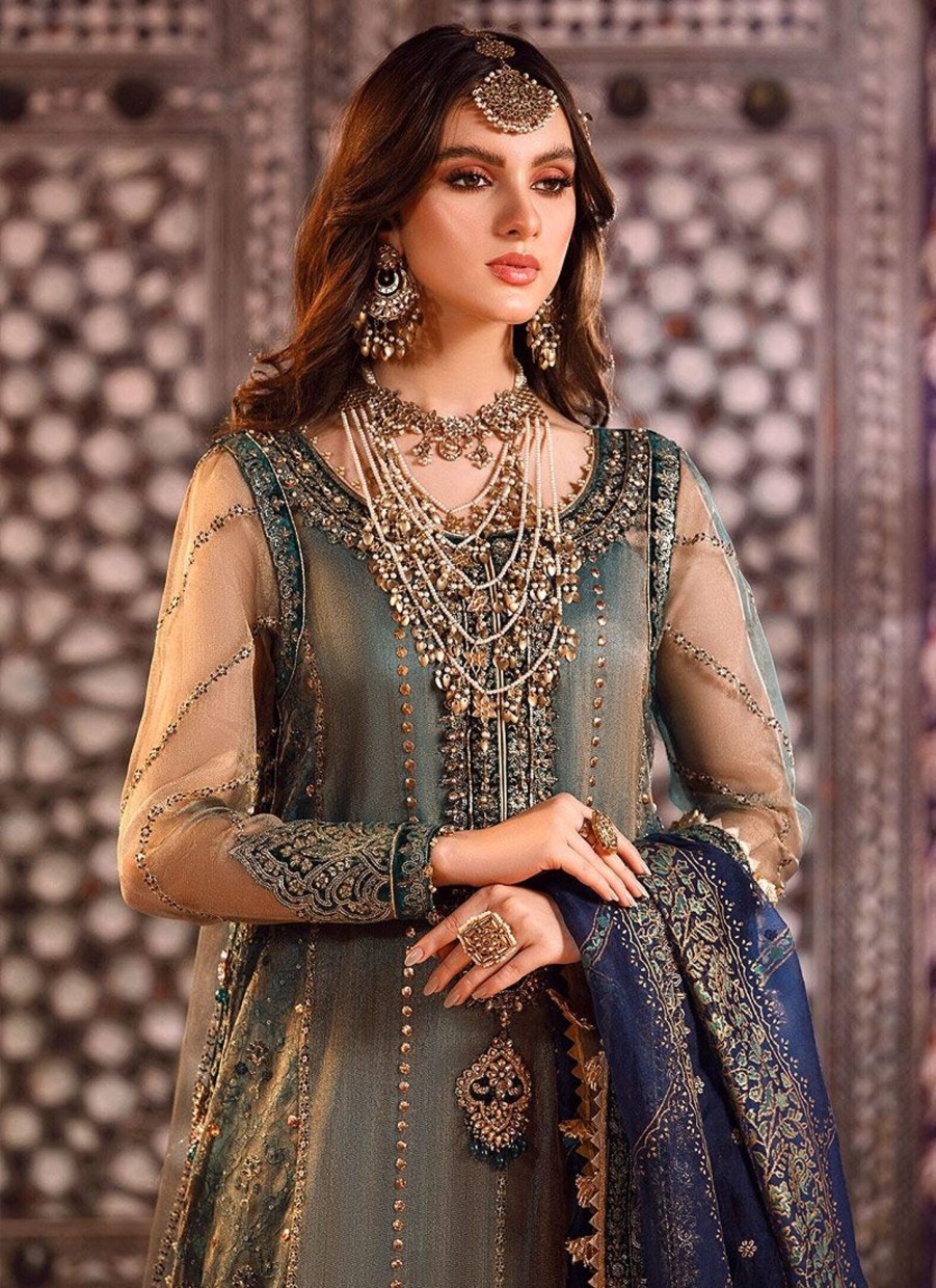 Salwar Kameez Maria.B | Peacock Shades Embroidered Pakistani Palazzo Suit