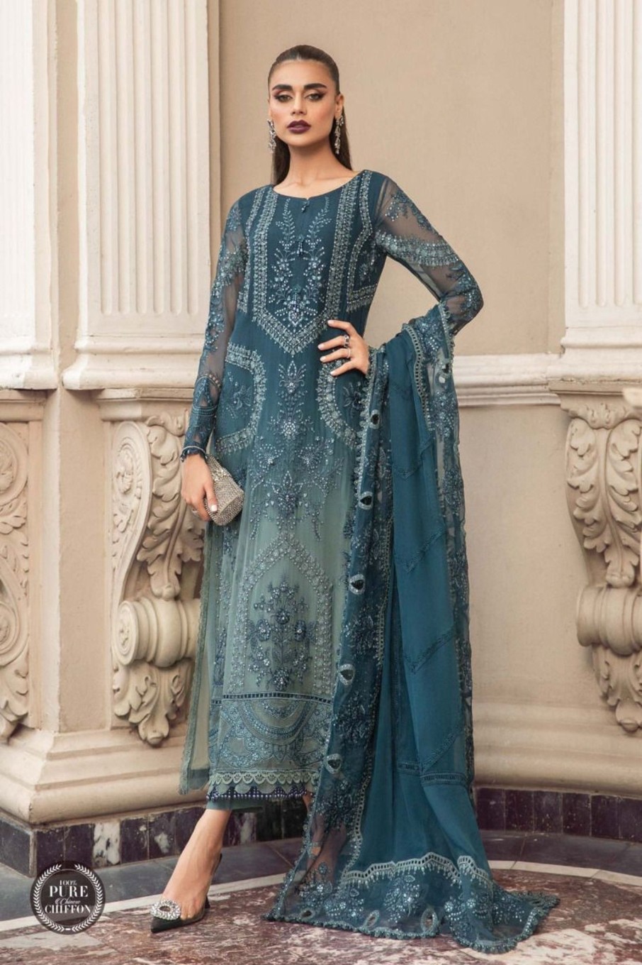 Salwar Kameez Maria.B | Teal Blue Embroidered Pakistani Salwar Kameez