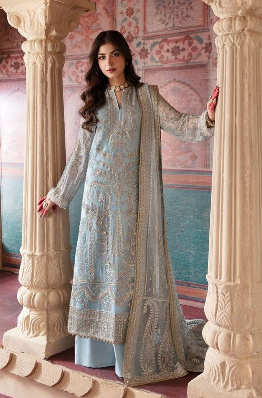 Salwar Kameez Afrozeh | Roop Embroidered Pakistani Palazzo Suit