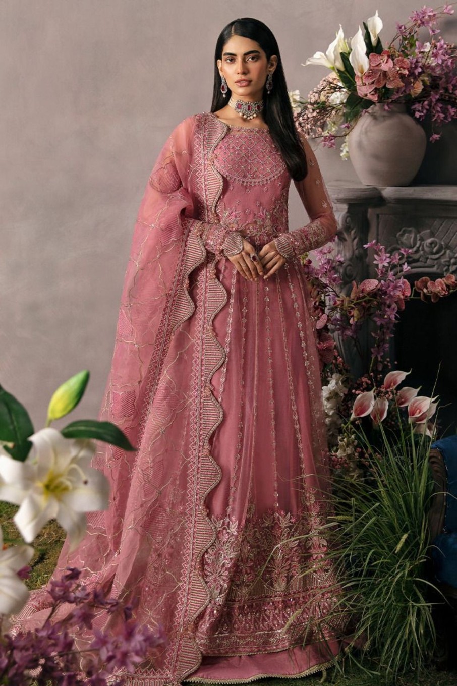 Salwar Kameez Afrozeh | Salmon Embroidered Pakistani Anarkali Suit