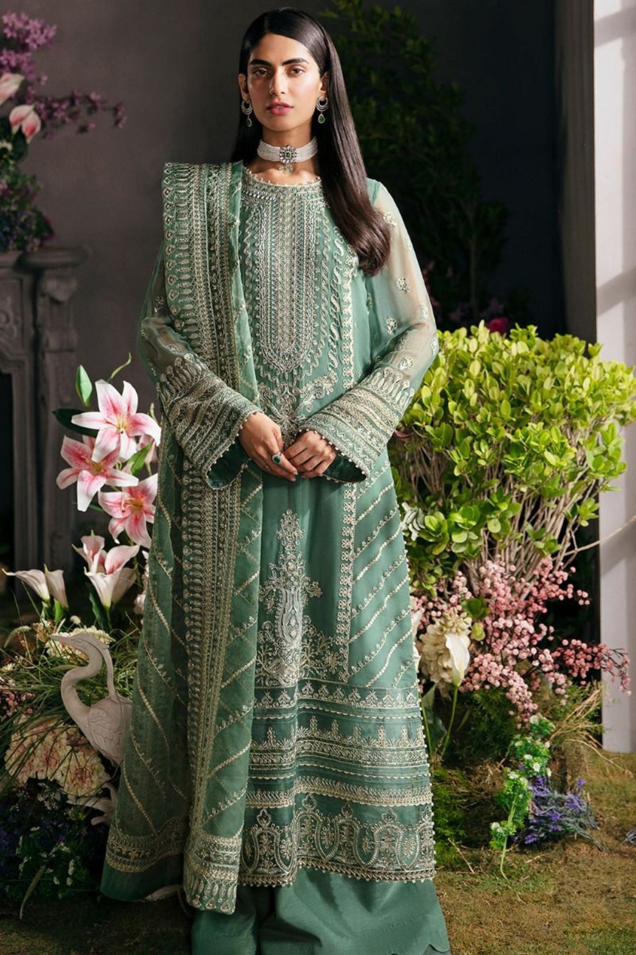 Salwar Kameez Afrozeh | Sea Mist Embroidered Pakistani Palazzo Suit