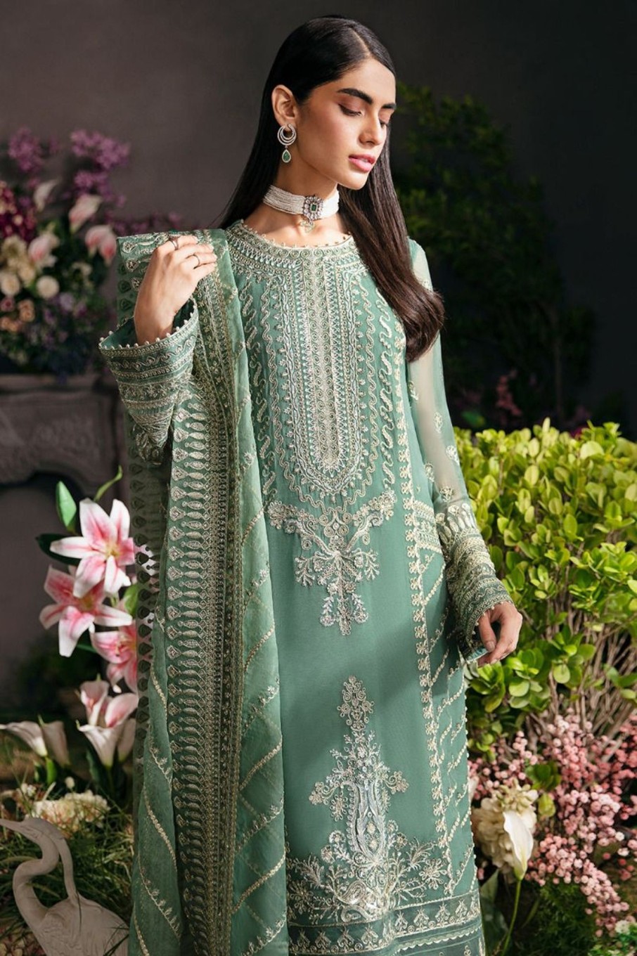 Salwar Kameez Afrozeh | Sea Mist Embroidered Pakistani Palazzo Suit