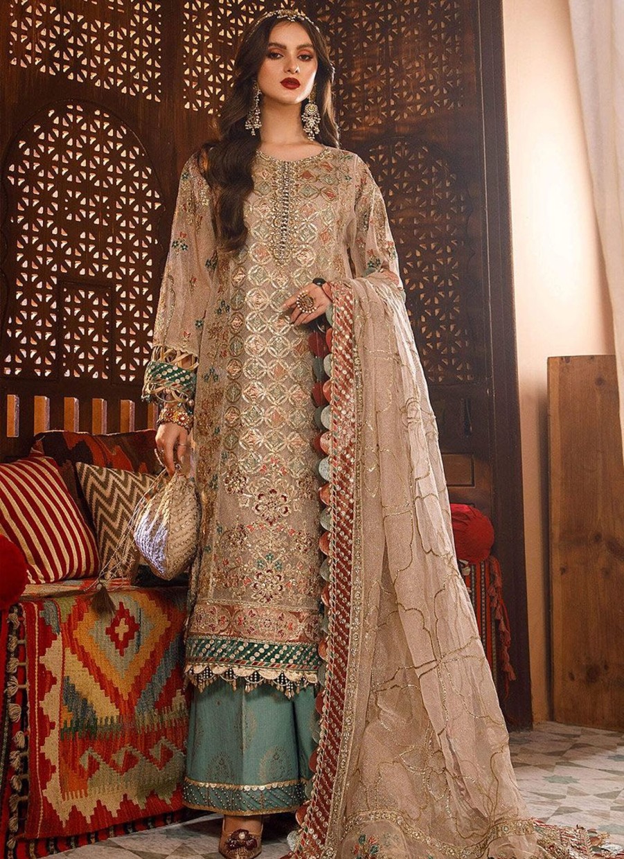 Salwar Kameez Maria.B | Off White With Sea Green Embroidered Pakistani Palazzo Suit