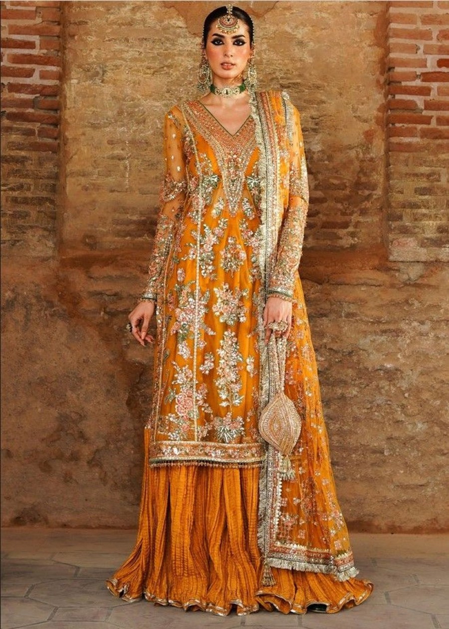 Salwar Kameez Hussain Rehar | Saffron Embroidered Pakistani Palazzo Suit