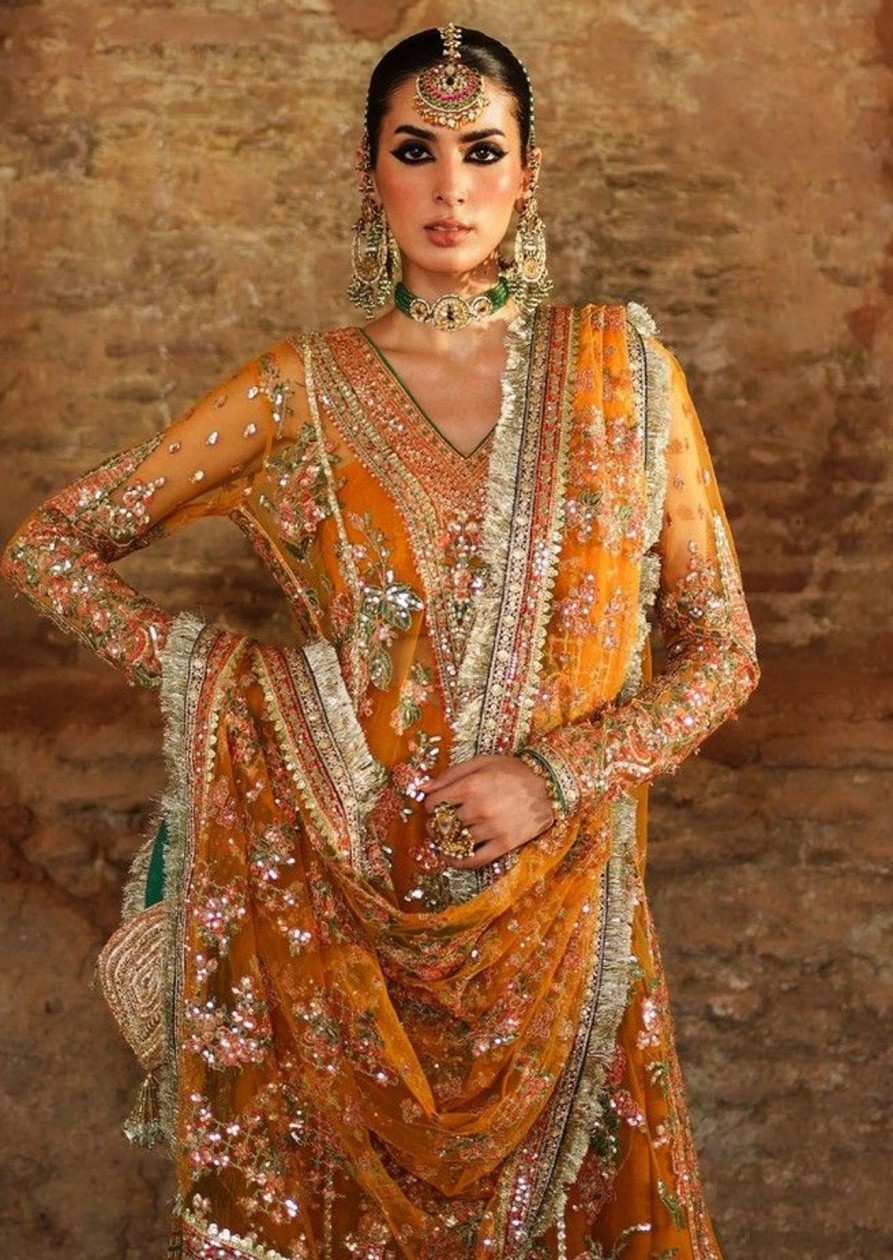 Salwar Kameez Hussain Rehar | Saffron Embroidered Pakistani Palazzo Suit