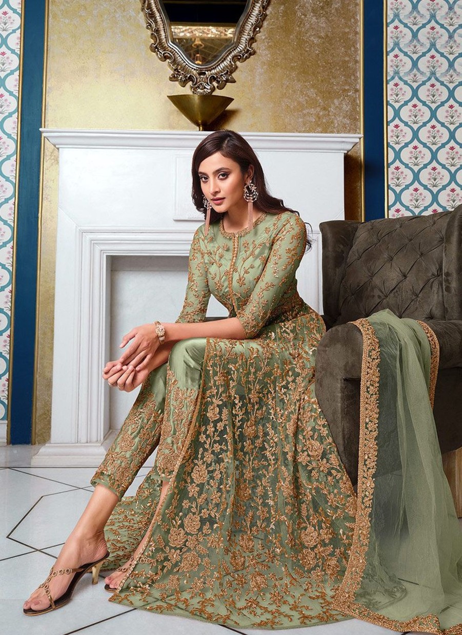 Salwar Kameez Vipul | Green And Gold Embroidered Pant Style Anarkali