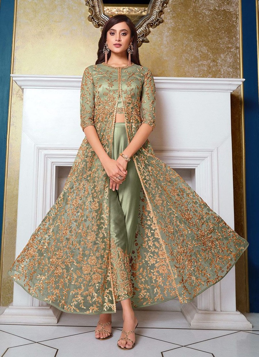 Salwar Kameez Vipul | Green And Gold Embroidered Pant Style Anarkali