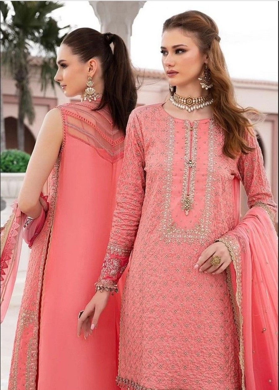 Salwar Kameez Maria.B | Candy Pink Embroidered Pakistani Pant Suit/ Palazzo Suit