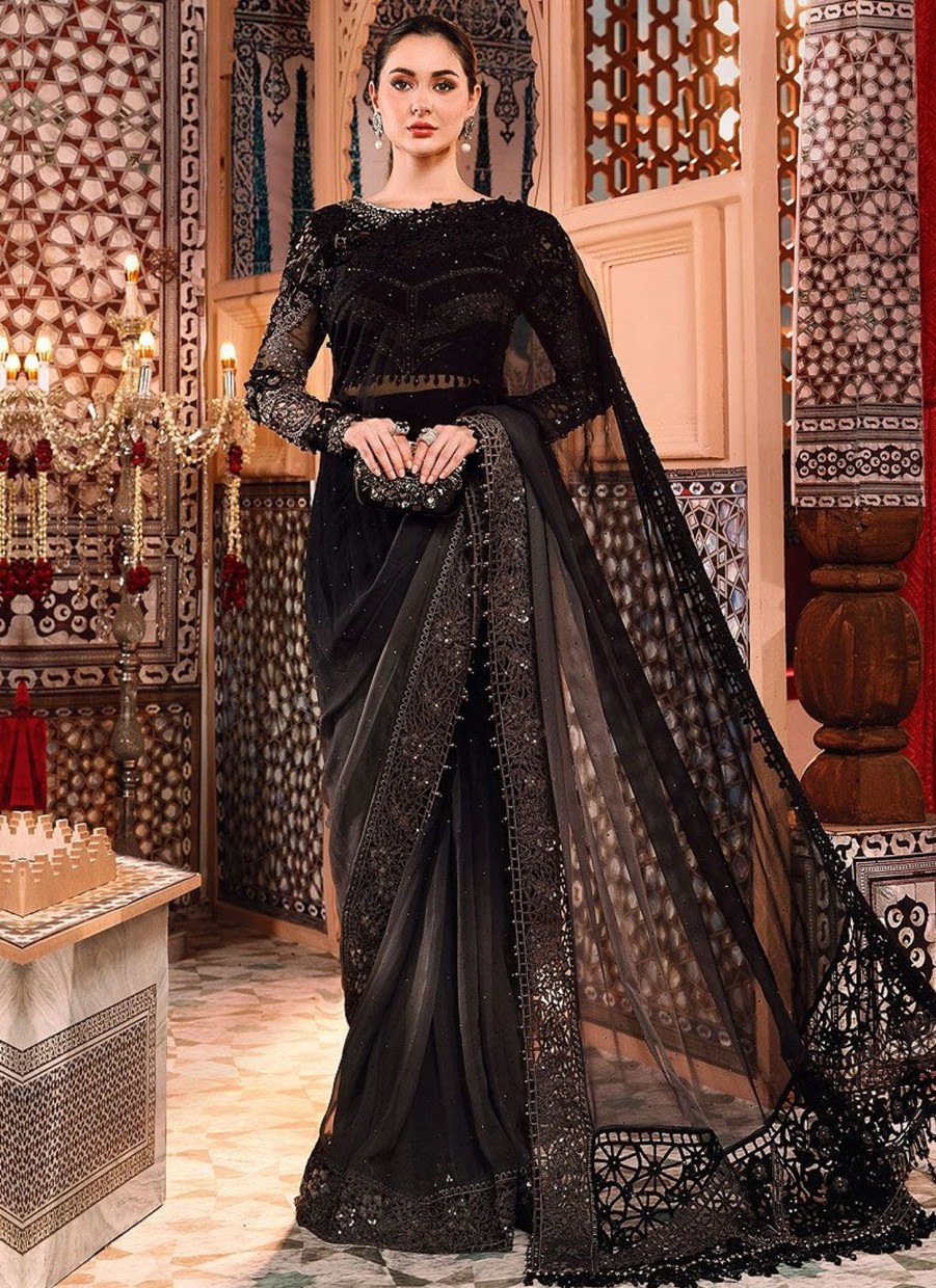 Sarees Maria.B | Grey And Black Embroidered Pakistani Saree