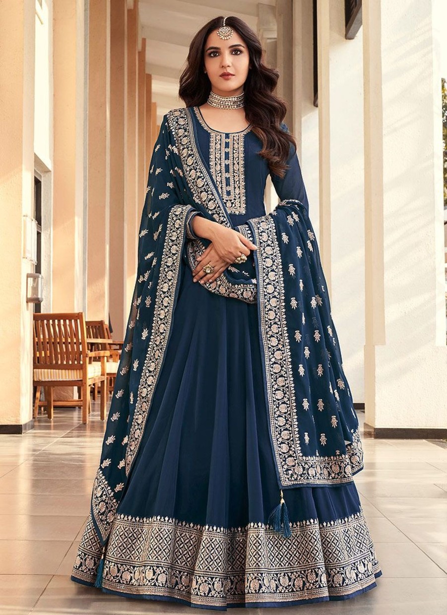 Salwar Kameez Senhora | Blue And Gold Embroidered Anarkali