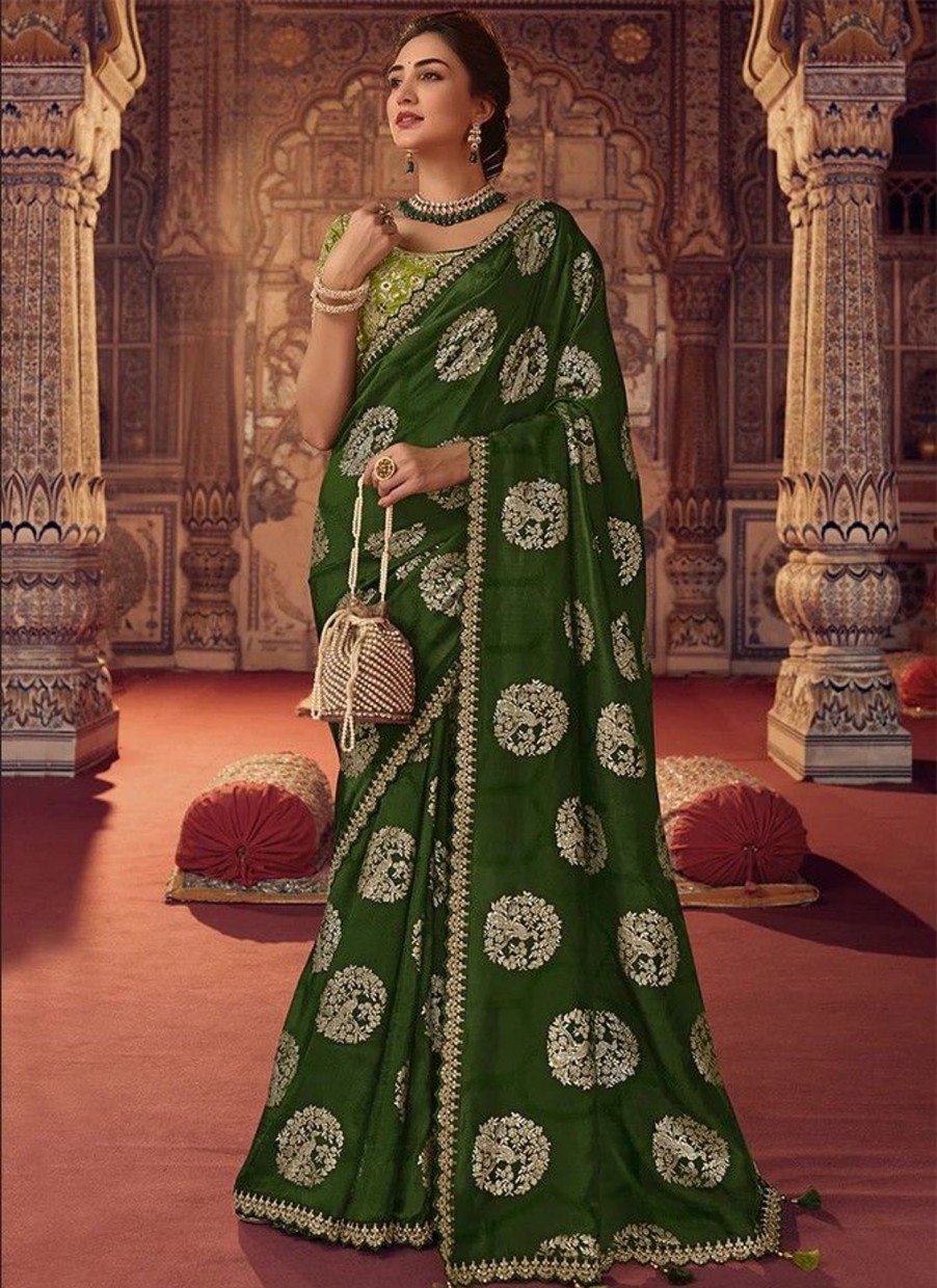 Sarees Sulakshmi | Dark Green Dual Tone Sequence Embroidery Saree