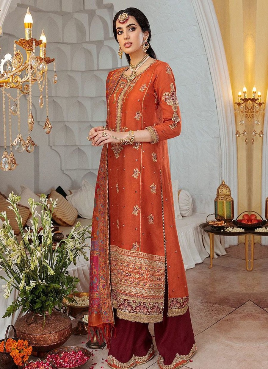 Salwar Kameez Noor | Tangerine Embroidered Pakistani Palazzo Suit