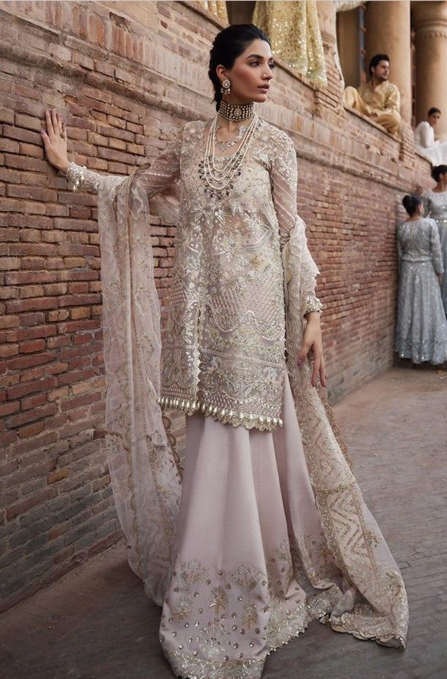 Salwar Kameez Afrozeh | Meharbano Embroidered Pakistani Palazzo Suit