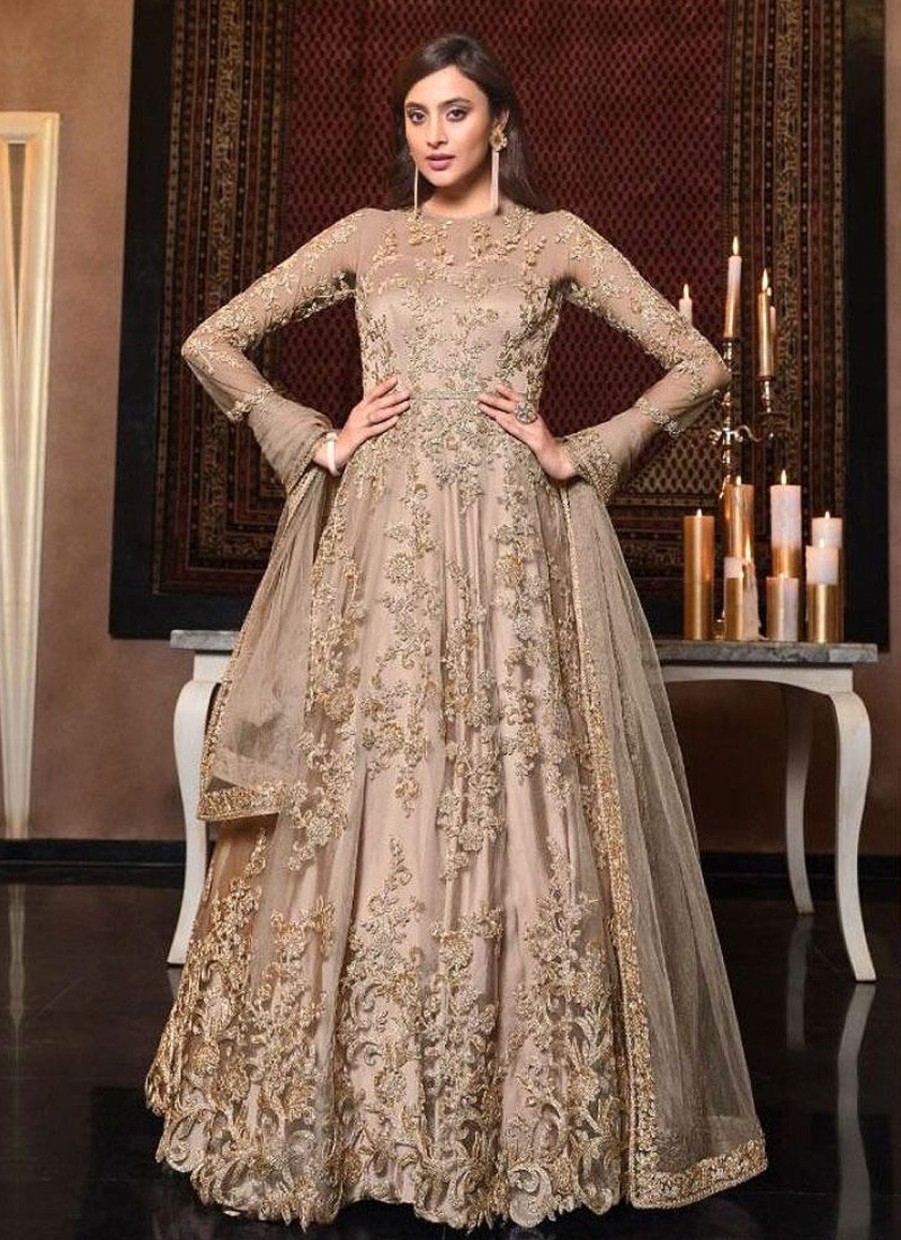 Salwar Kameez Vipul | Beige And Gold Embroidered Anarkali