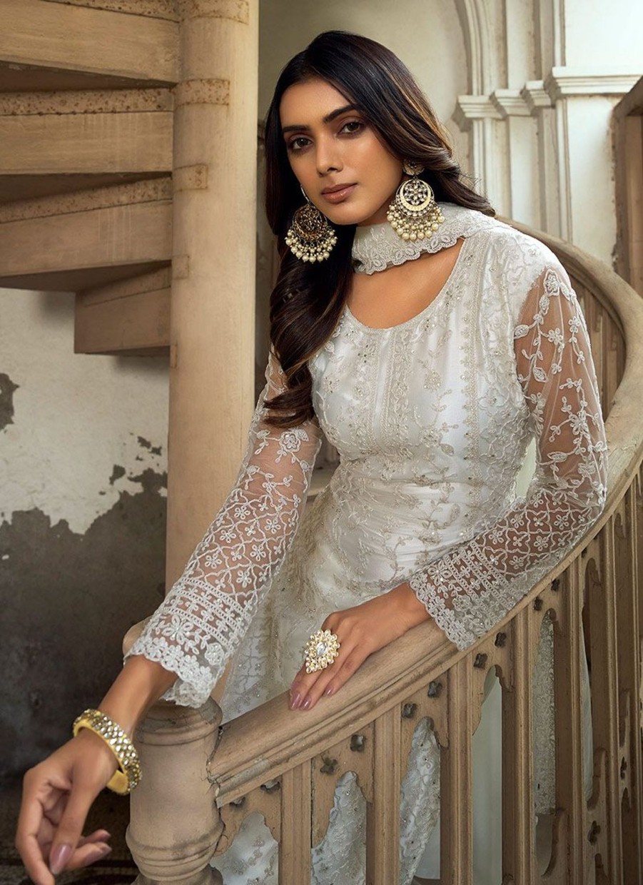 Salwar Kameez Sabah Khwaab | White Embroidered Pant Style Suit