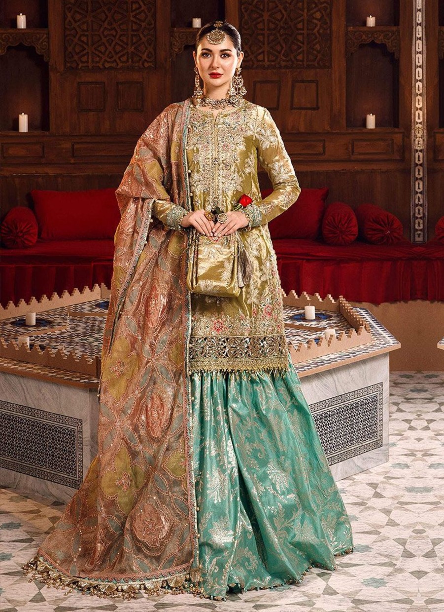 Salwar Kameez Maria.B | Salmon And Leaf Green Embroidered Pakistani Gharara Suit