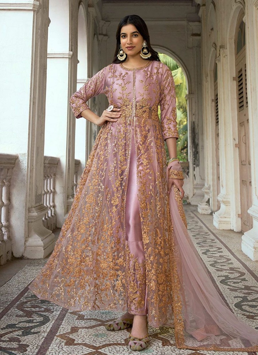 Salwar Kameez Sabah Khwaab | Purplish Pink And Gold Embroidered Pant Style Anarkali