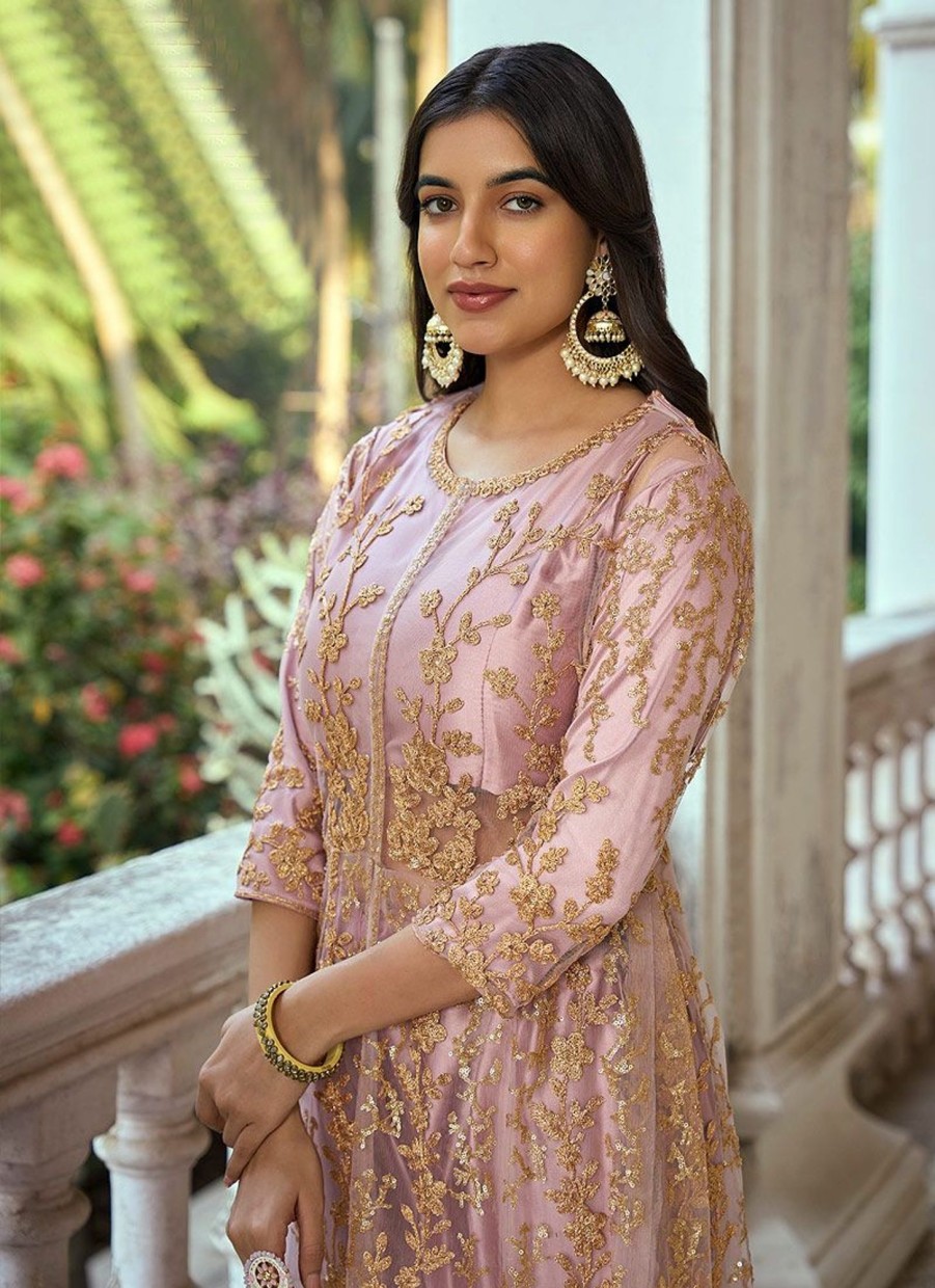 Salwar Kameez Sabah Khwaab | Purplish Pink And Gold Embroidered Pant Style Anarkali