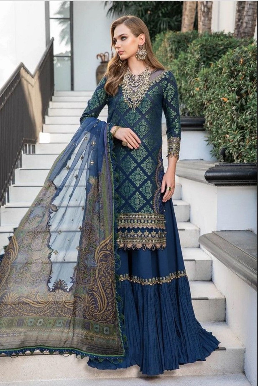 Salwar Kameez Maria.B | Blue Embroidered Pakistani Sharara Suit