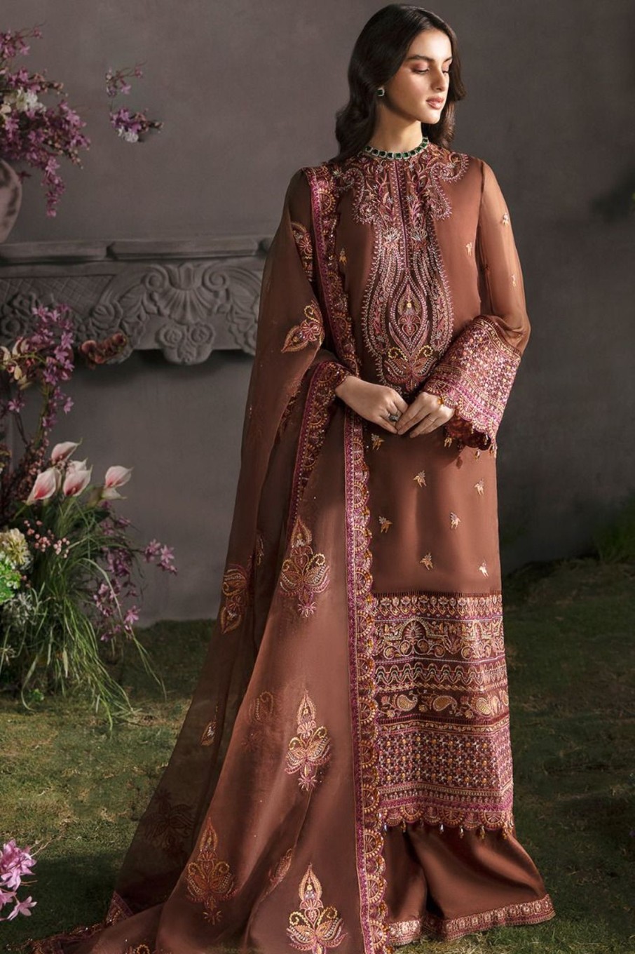 Salwar Kameez Afrozeh | Mahogany Embroidered Pakistani Palazzo Suit