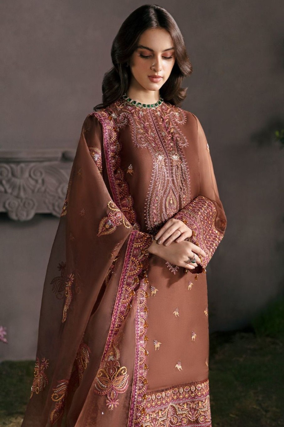 Salwar Kameez Afrozeh | Mahogany Embroidered Pakistani Palazzo Suit