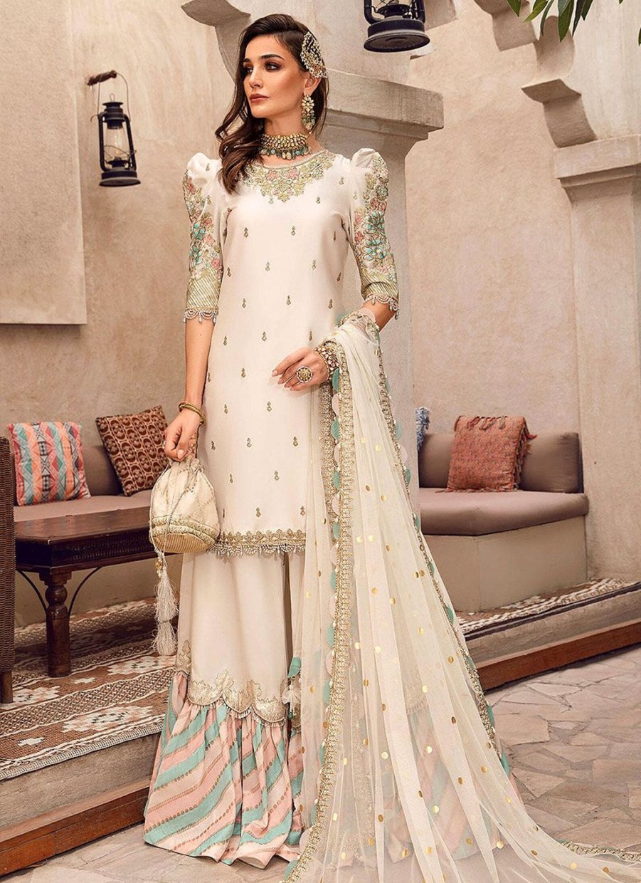 Salwar Kameez Maria.B | Ivory And Gold Embroidered Pakistani Gharara Suit