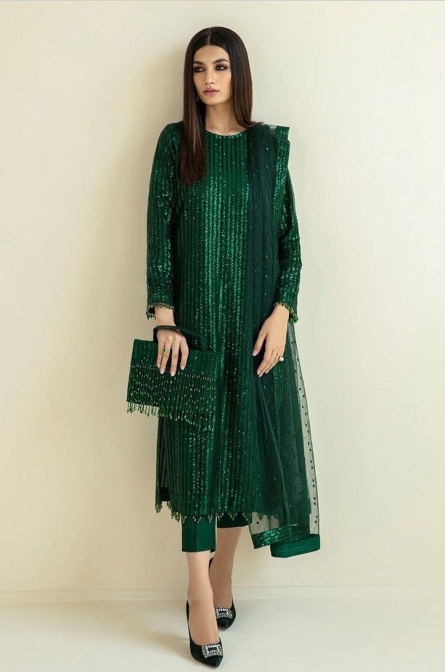 Salwar Kameez Baroque | Green Embroidered Pakistani Salwar Kameez