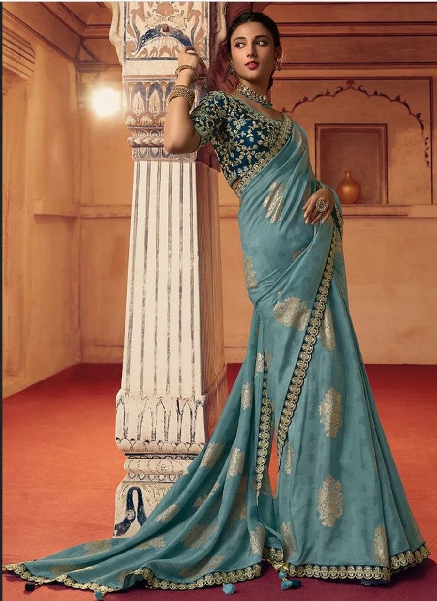 Sarees Sulakshmi | Blue Dual Tone Sequence Embroidery Saree