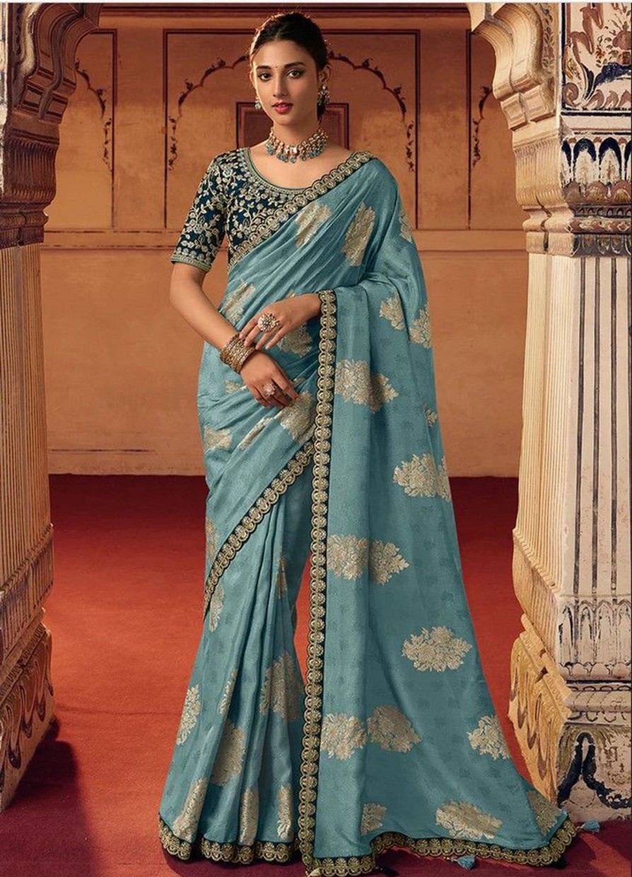 Sarees Sulakshmi | Blue Dual Tone Sequence Embroidery Saree