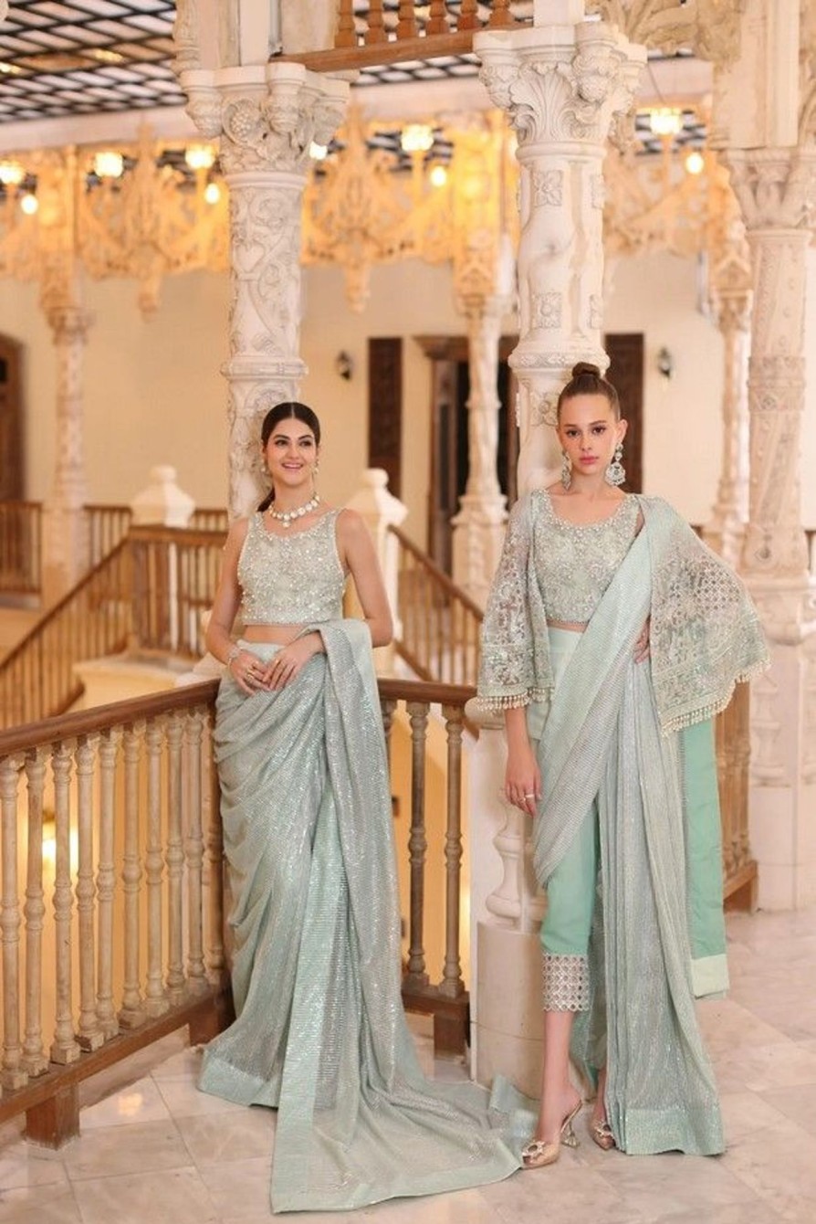 Sarees Saadia Asad | Luna Embroidered Pakistani Saree/ Pant Suit