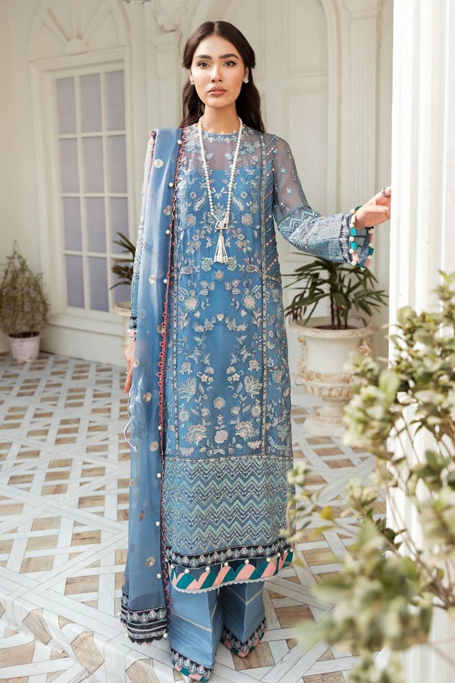 Salwar Kameez Afrozeh | Irene Embroidered Pakistani Palazzo Suit