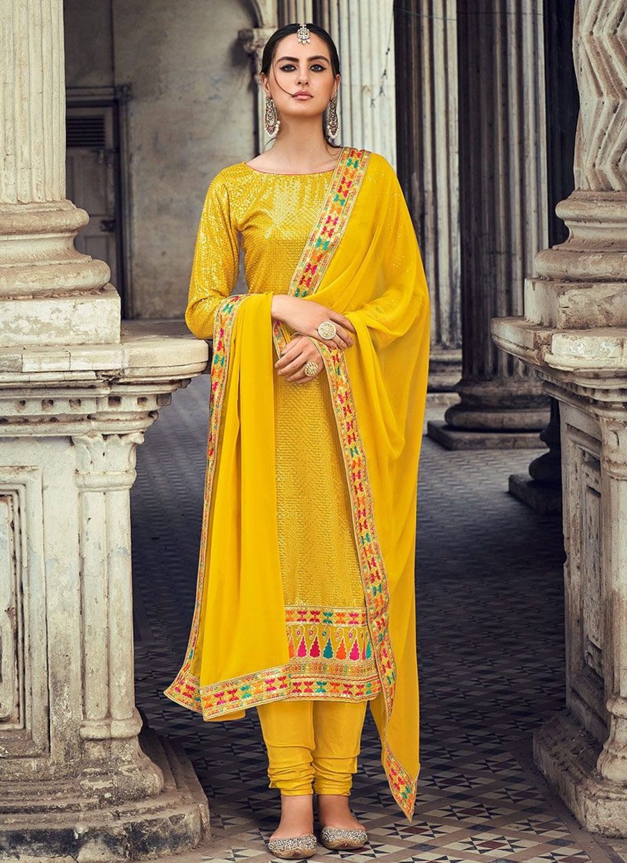 Salwar Kameez Senhora | Mustard Yellow Embroidered Straight Suit