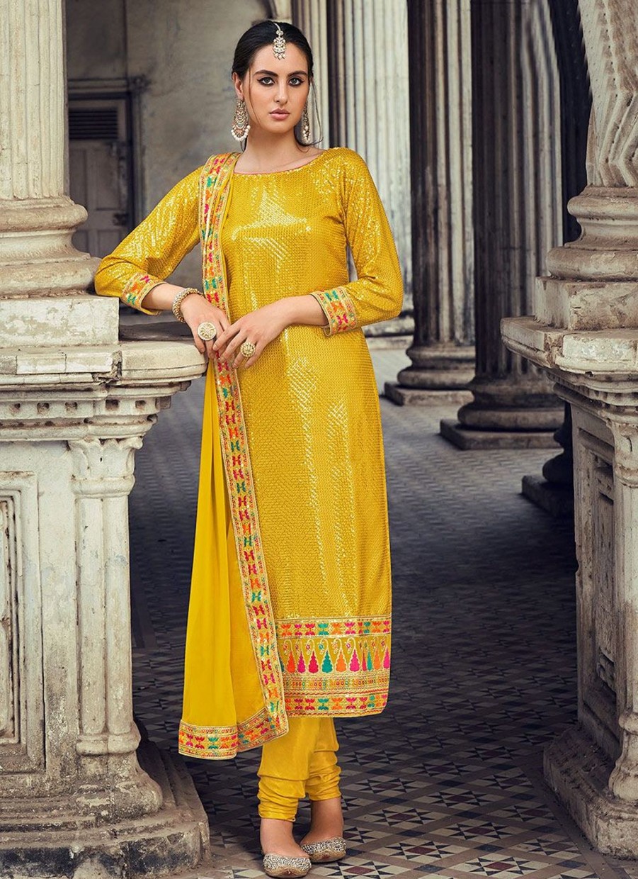 Salwar Kameez Senhora | Mustard Yellow Embroidered Straight Suit