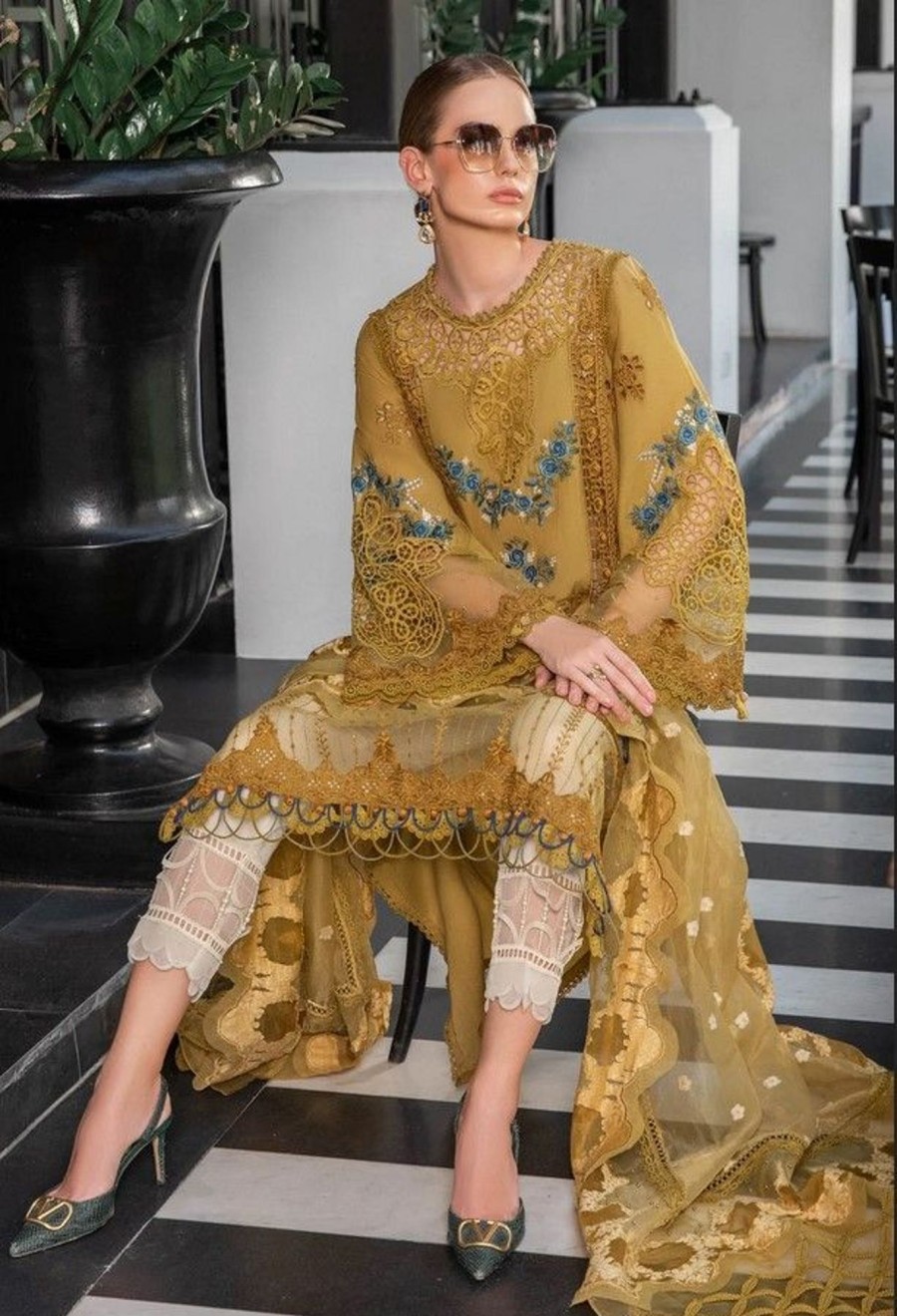 Salwar Kameez Maria.B | Mustard Embroidered Pakistani Salwar Kameez