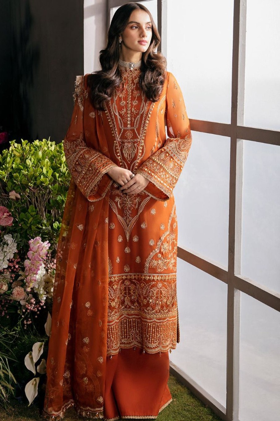 Salwar Kameez Afrozeh | Russet Embroidered Pakistani Palazzo Suit